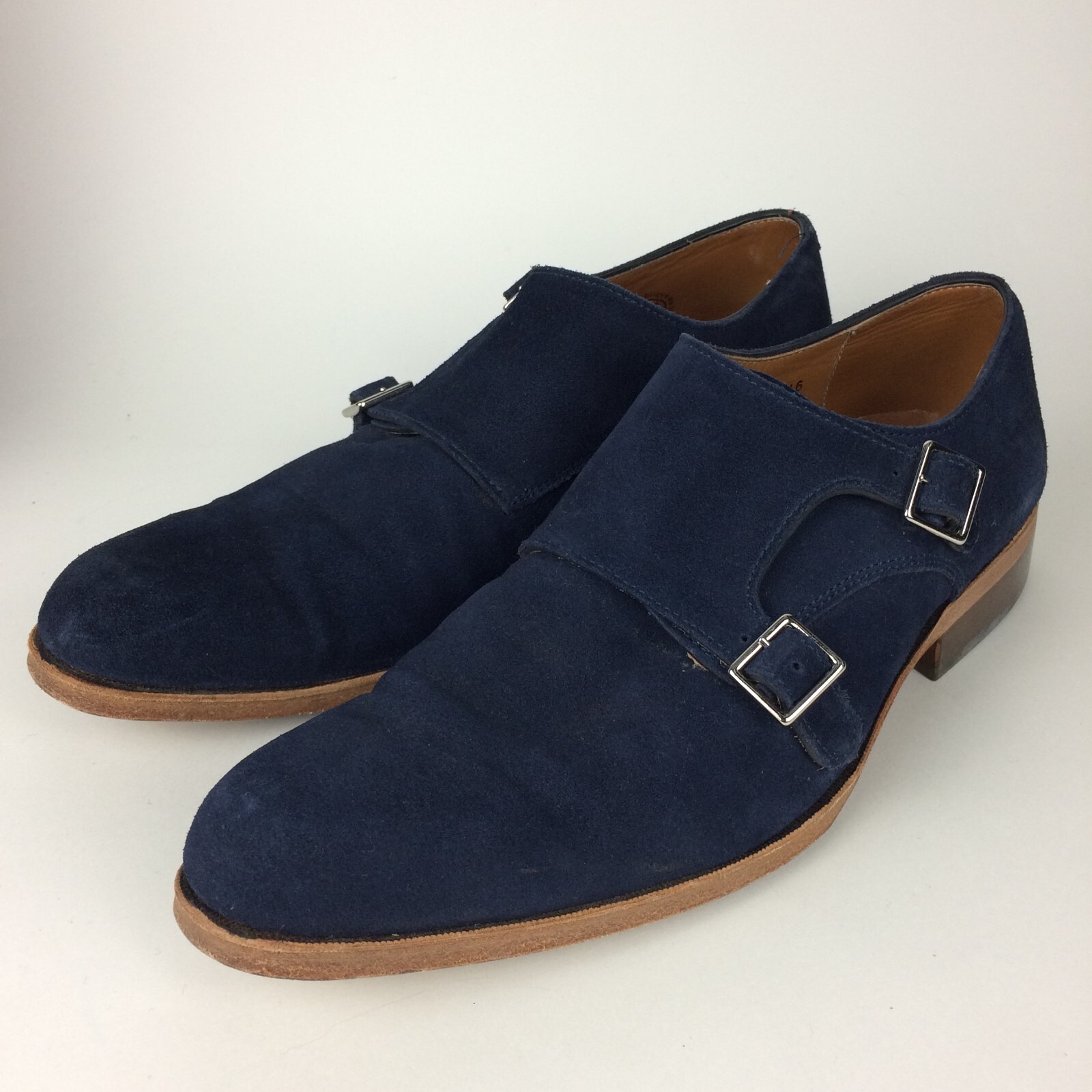 John Fluevog Monk Strap Shoes Mens 7.5 Blue Suede Twin Turbine Buckle Close